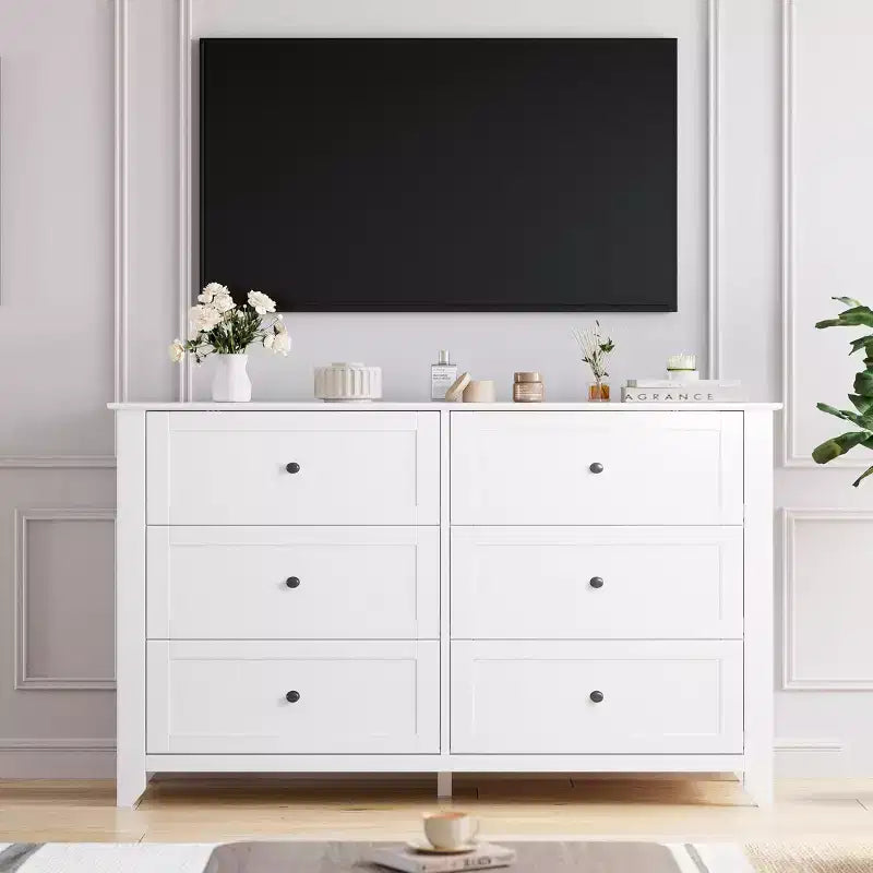 Comò a 6 cassetti per camera da letto, cassettiera in legno da 137 cm con pomelli in metallo, porta TV, organizer per vestiti per camera da letto, ingresso, nero
