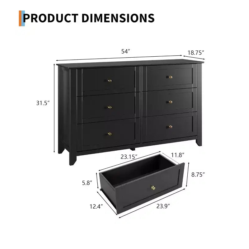 Comò a 6 cassetti per camera da letto, cassettiera in legno da 137 cm con pomelli in metallo, porta TV, organizer per vestiti per camera da letto, ingresso, nero