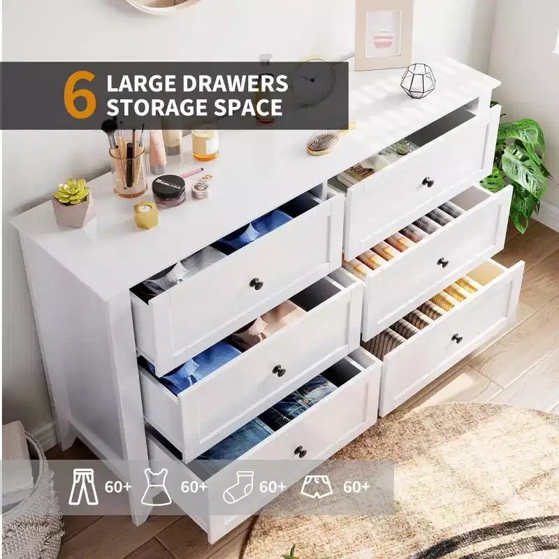 Comò a 6 cassetti per camera da letto, cassettiera in legno da 137 cm con pomelli in metallo, porta TV, organizer per vestiti per camera da letto, ingresso, nero