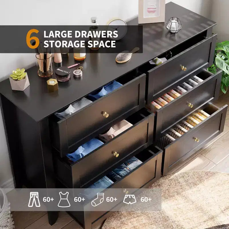 Comò a 6 cassetti per camera da letto, cassettiera in legno da 137 cm con pomelli in metallo, porta TV, organizer per vestiti per camera da letto, ingresso, nero