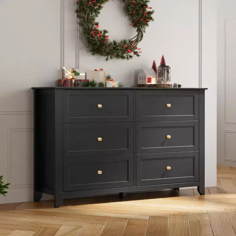 Comò a 6 cassetti per camera da letto, cassettiera in legno da 137 cm con pomelli in metallo, porta TV, organizer per vestiti per camera da letto, ingresso, nero
