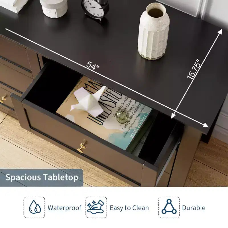 Comò a 6 cassetti per camera da letto, cassettiera in legno da 137 cm con pomelli in metallo, porta TV, organizer per vestiti per camera da letto, ingresso, nero