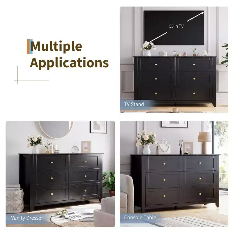 Comò a 6 cassetti per camera da letto, cassettiera in legno da 137 cm con pomelli in metallo, porta TV, organizer per vestiti per camera da letto, ingresso, nero