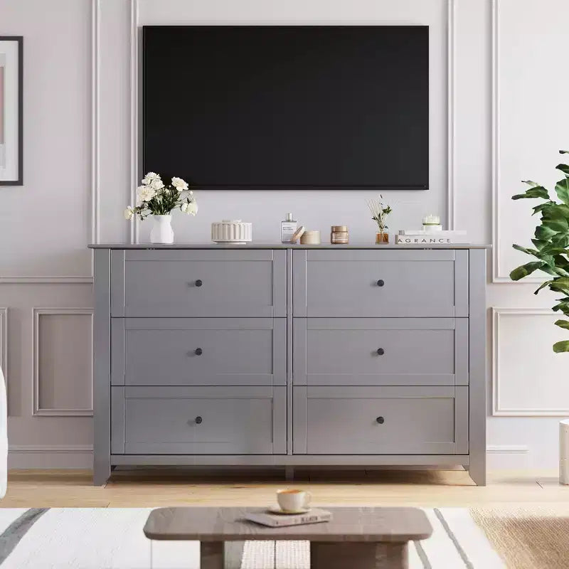 Comò a 6 cassetti per camera da letto, cassettiera in legno da 137 cm con pomelli in metallo, porta TV, organizer per vestiti per camera da letto, ingresso, nero