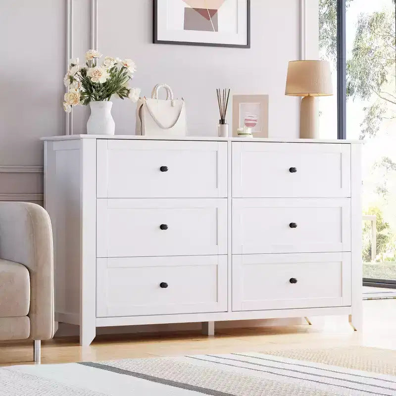 Comò a 6 cassetti per camera da letto, cassettiera in legno da 137 cm con pomelli in metallo, porta TV, organizer per vestiti per camera da letto, ingresso, nero
