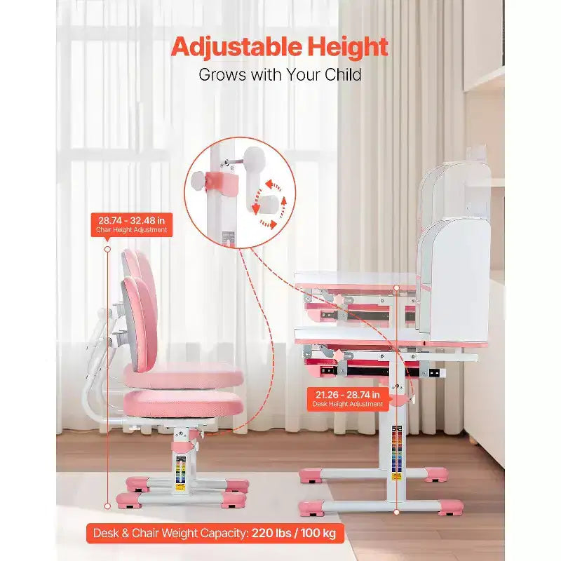 Set di Scrivania e Sedia Regolabili per Bambini con Cassetto Portaoggetti, Libreria e Piano Inclinabile