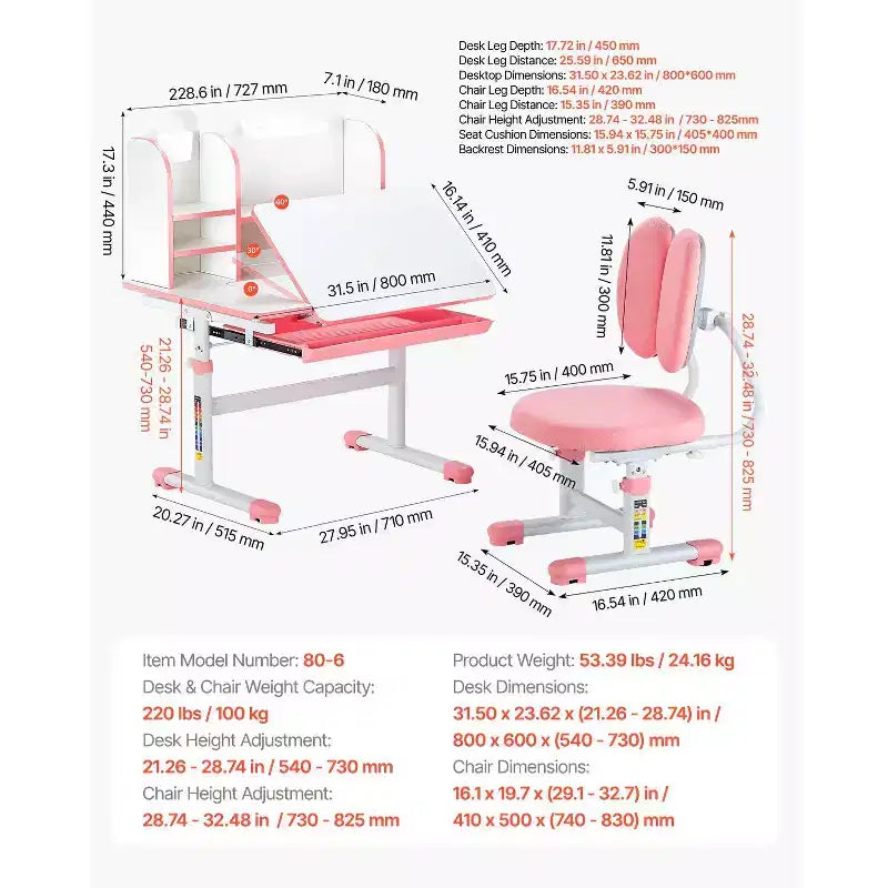 Set di Scrivania e Sedia Regolabili per Bambini con Cassetto Portaoggetti, Libreria e Piano Inclinabile