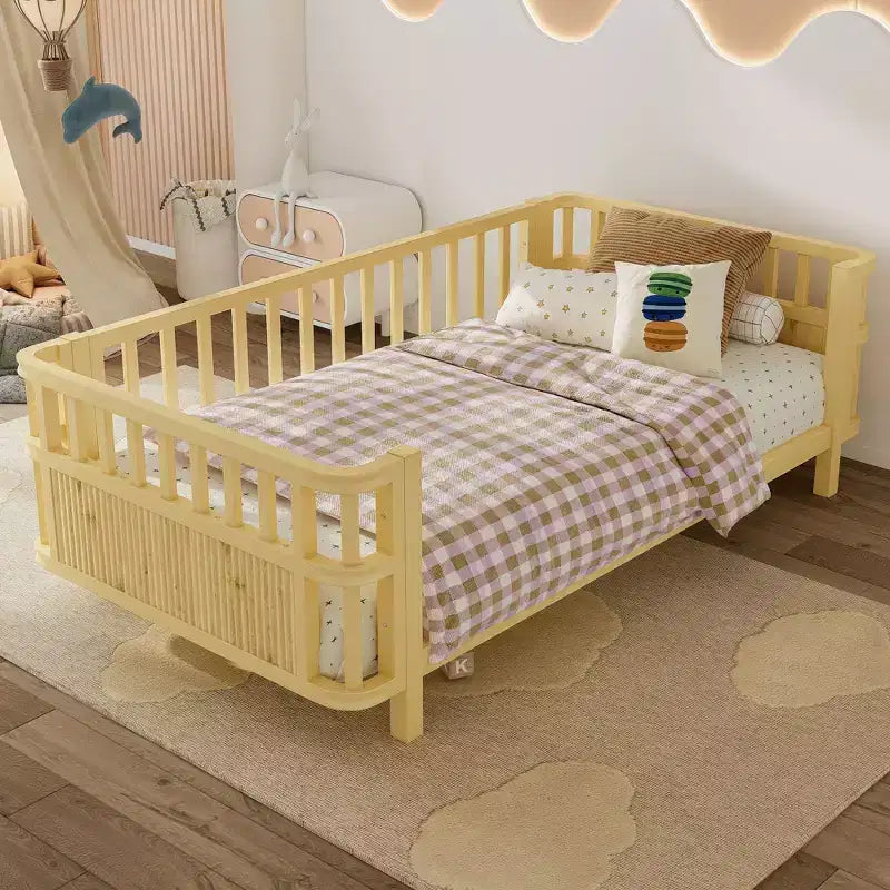 Okak Modern Twin/Full Iron Bed Frame Daybeds with Railings,Wooden Platform Bed for Kids Room,Bedroom,No Box Spring Needed
