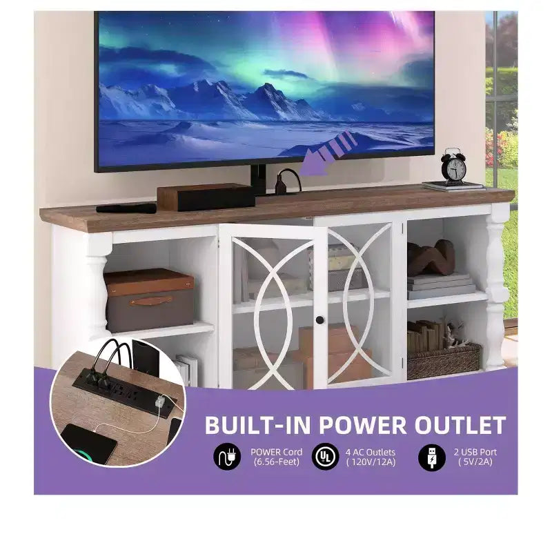 Mobile TV con supporto e prese di corrente per TV da 32-70 pollici, mobile per l'intrattenimento in stile rustico con altezza regolabile per soggiorno, grigio lavato e bianco