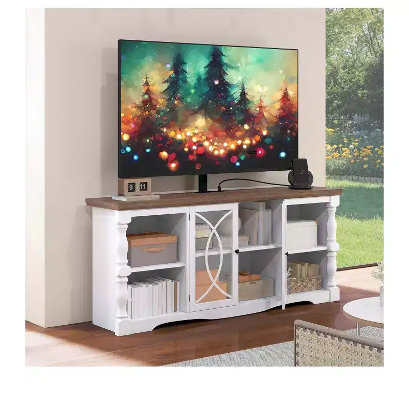 Mobile TV con supporto e prese di corrente per TV da 32-70 pollici, mobile per l'intrattenimento in stile rustico con altezza regolabile per soggiorno, grigio lavato e bianco