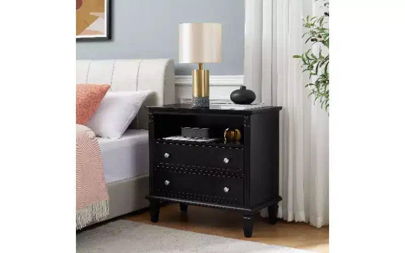 Comodino moderno di metà secolo TUYOHW con stazione di ricarica, tavolino vintage a 2 cassetti con ripiano aperto, tavolino con pilastri scanalati