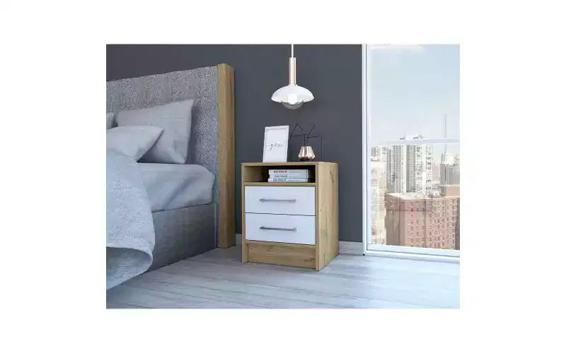 TUYOHW Comodino Moderno con 2 Cassetti, Tavolino Compatto Piccolo per Camera da Letto e Soggiorno, Tavolino Contenitore con Maniglie in Metallo