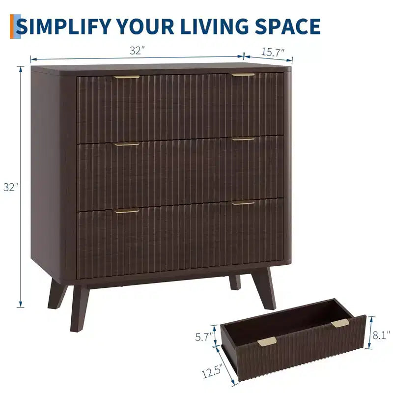 Set di 2 comodini scanalati larghi 81 cm, comodino moderno a 3 cassetti, tavolino laterale per camera da letto, soggiorno, corridoio (noce 2 pezzi)