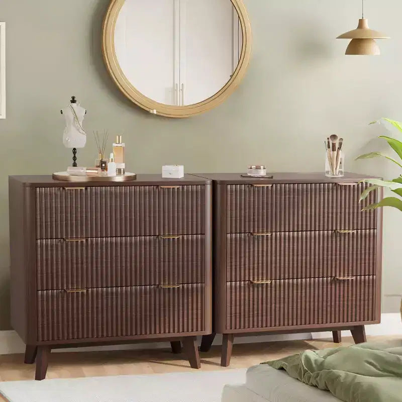 Set di 2 comodini scanalati larghi 81 cm, comodino moderno a 3 cassetti, tavolino laterale per camera da letto, soggiorno, corridoio (noce 2 pezzi)