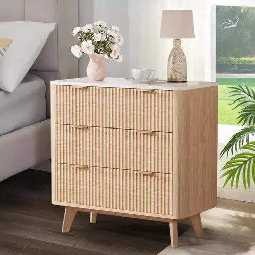 Set di 2 comodini scanalati larghi 81 cm, comodino moderno a 3 cassetti, tavolino laterale per camera da letto, soggiorno, corridoio (noce 2 pezzi)