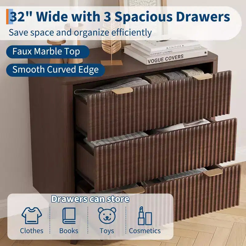 Set di 2 comodini scanalati larghi 81 cm, comodino moderno a 3 cassetti, tavolino laterale per camera da letto, soggiorno, corridoio (noce 2 pezzi)