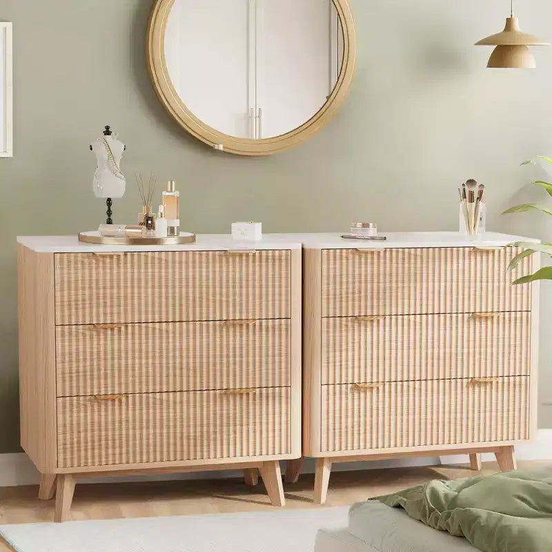 Set di 2 comodini scanalati larghi 81 cm, comodino moderno a 3 cassetti, tavolino laterale per camera da letto, soggiorno, corridoio (noce 2 pezzi)