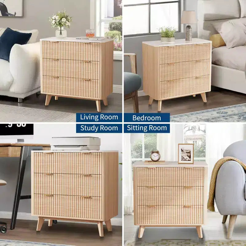 Set di 2 comodini scanalati larghi 81 cm, comodino moderno a 3 cassetti, tavolino laterale per camera da letto, soggiorno, corridoio (noce 2 pezzi)