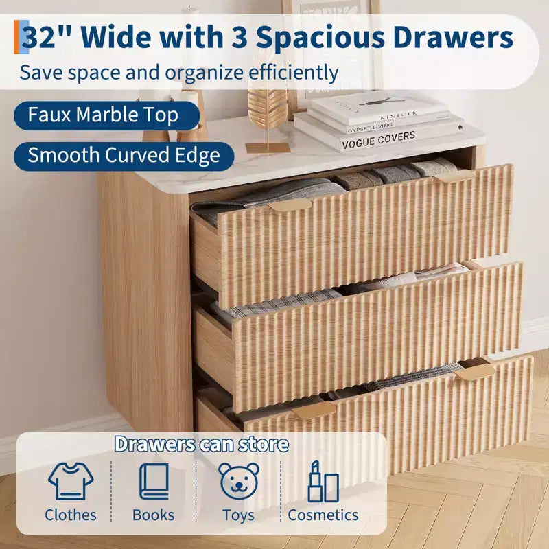 Set di 2 comodini scanalati larghi 81 cm, comodino moderno a 3 cassetti, tavolino laterale per camera da letto, soggiorno, corridoio (noce 2 pezzi)