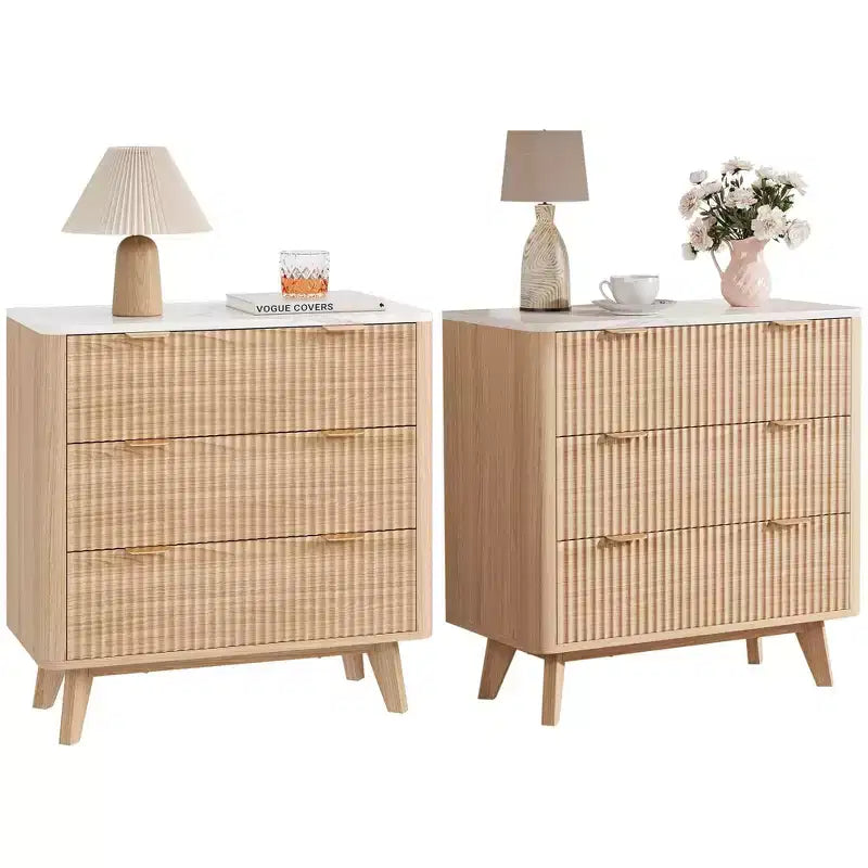 32 Width Fluted Nightstand Set of 2, Modern 3 Drawer Bedside Table , End Table for Bedroom, Living Room, Hallway (Walnut 2pcs)