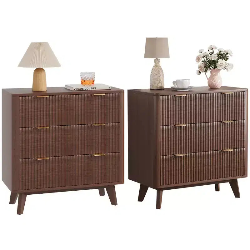 Set di 2 comodini scanalati larghi 81 cm, comodino moderno a 3 cassetti, tavolino laterale per camera da letto, soggiorno, corridoio (noce 2 pezzi)