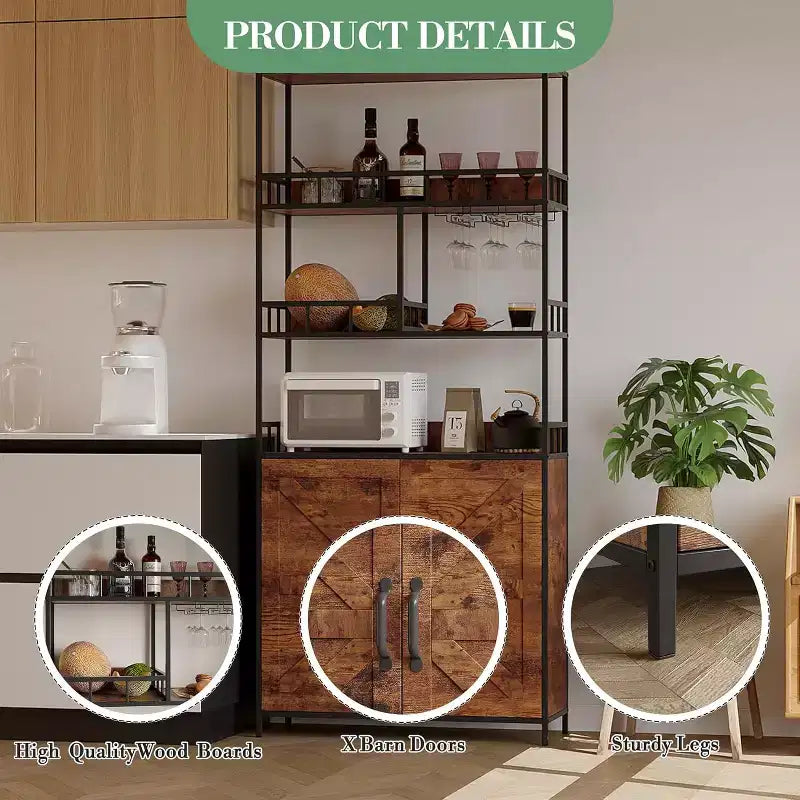 70.8 Mobile Bar Industriale, Scaffale Portabottiglie a 5 Livelli con Credenza e Porta Bicchieri, Scaffale Alto da Cucina, Organizzatore per Liquori, Scaffale per Panettiere