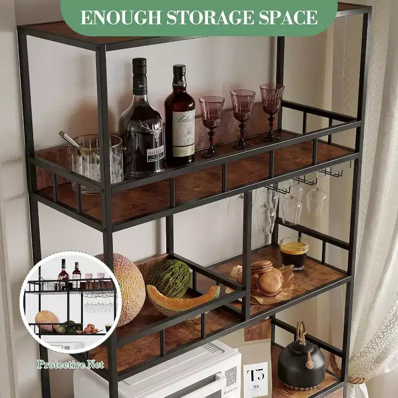 70.8 Mobile Bar Industriale, Scaffale Portabottiglie a 5 Livelli con Credenza e Porta Bicchieri, Scaffale Alto da Cucina, Organizzatore per Liquori, Scaffale per Panettiere