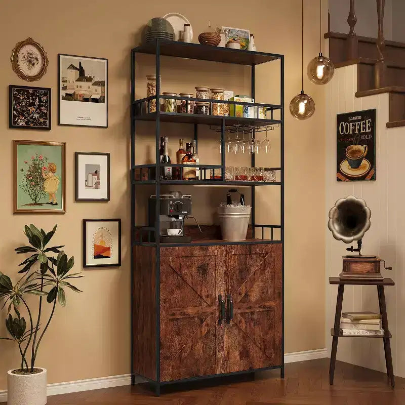 70.8 Mobile Bar Industriale, Scaffale Portabottiglie a 5 Livelli con Credenza e Porta Bicchieri, Scaffale Alto da Cucina, Organizzatore per Liquori, Scaffale per Panettiere