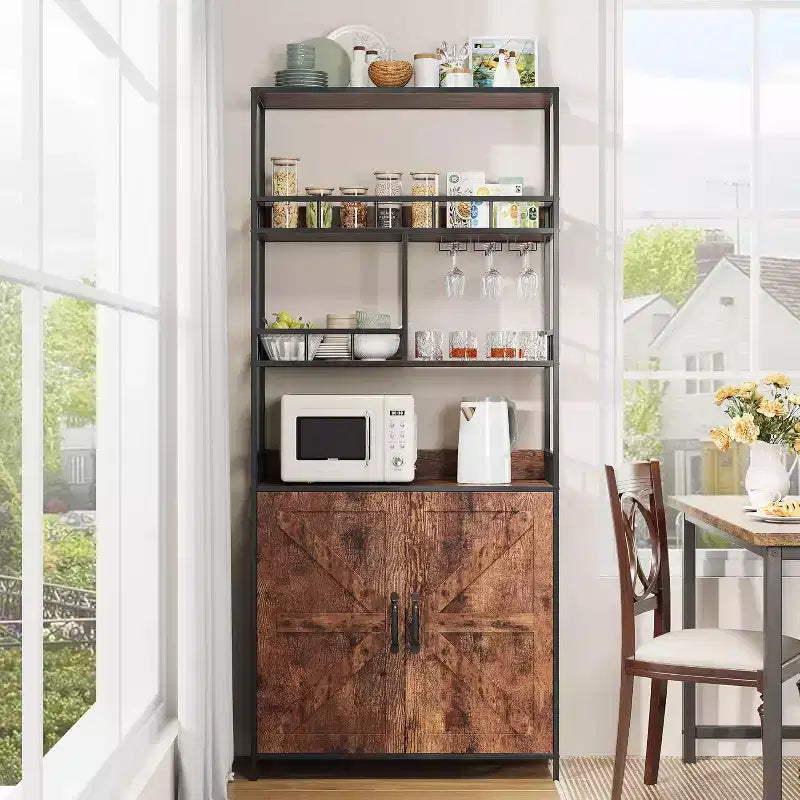 70.8 Mobile Bar Industriale, Scaffale Portabottiglie a 5 Livelli con Credenza e Porta Bicchieri, Scaffale Alto da Cucina, Organizzatore per Liquori, Scaffale per Panettiere