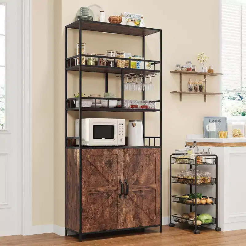 70.8 Mobile Bar Industriale, Scaffale Portabottiglie a 5 Livelli con Credenza e Porta Bicchieri, Scaffale Alto da Cucina, Organizzatore per Liquori, Scaffale per Panettiere