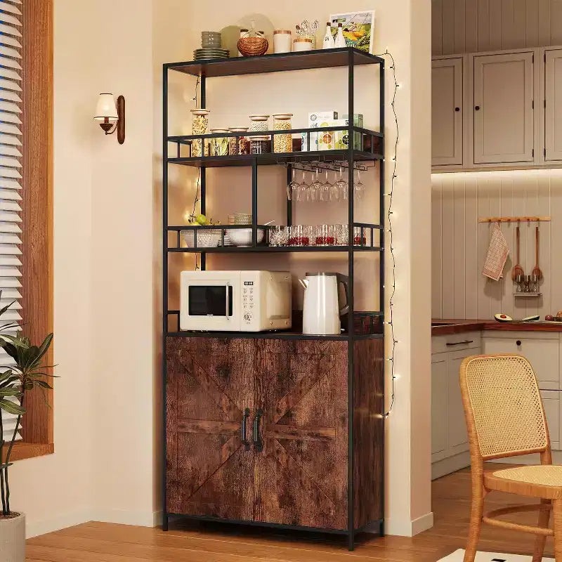 70.8 Mobile Bar Industriale, Scaffale Portabottiglie a 5 Livelli con Credenza e Porta Bicchieri, Scaffale Alto da Cucina, Organizzatore per Liquori, Scaffale per Panettiere