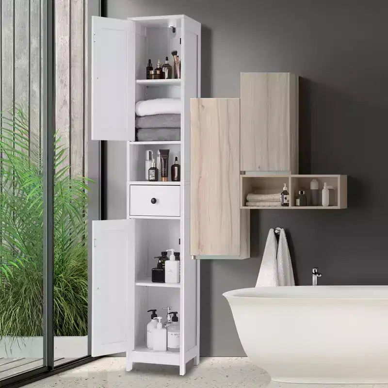 Mobile bagno alto con 2 ripiani regolabili, organizer da terra con dispositivo antiribaltamento per bagno, cucina o corridoio