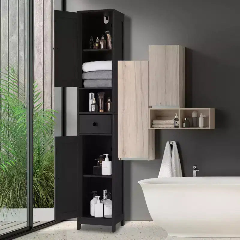 Mobile bagno alto con 2 ripiani regolabili, organizer da terra con dispositivo antiribaltamento per bagno, cucina o corridoio