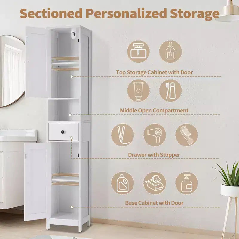 Mobile bagno alto con 2 ripiani regolabili, organizer da terra con dispositivo antiribaltamento per bagno, cucina o corridoio