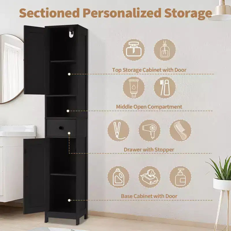 Mobile bagno alto con 2 ripiani regolabili, organizer da terra con dispositivo antiribaltamento per bagno, cucina o corridoio
