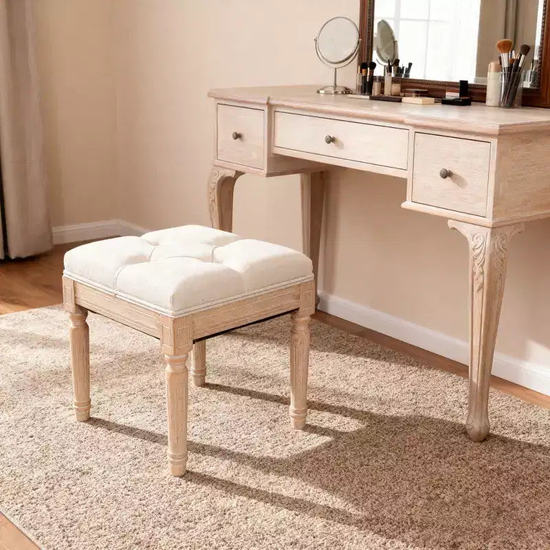 Panca piccola imbottita, Pouf rustico quadrato imbottito, Sgabello da toeletta, Cubo 40 cm, Beige