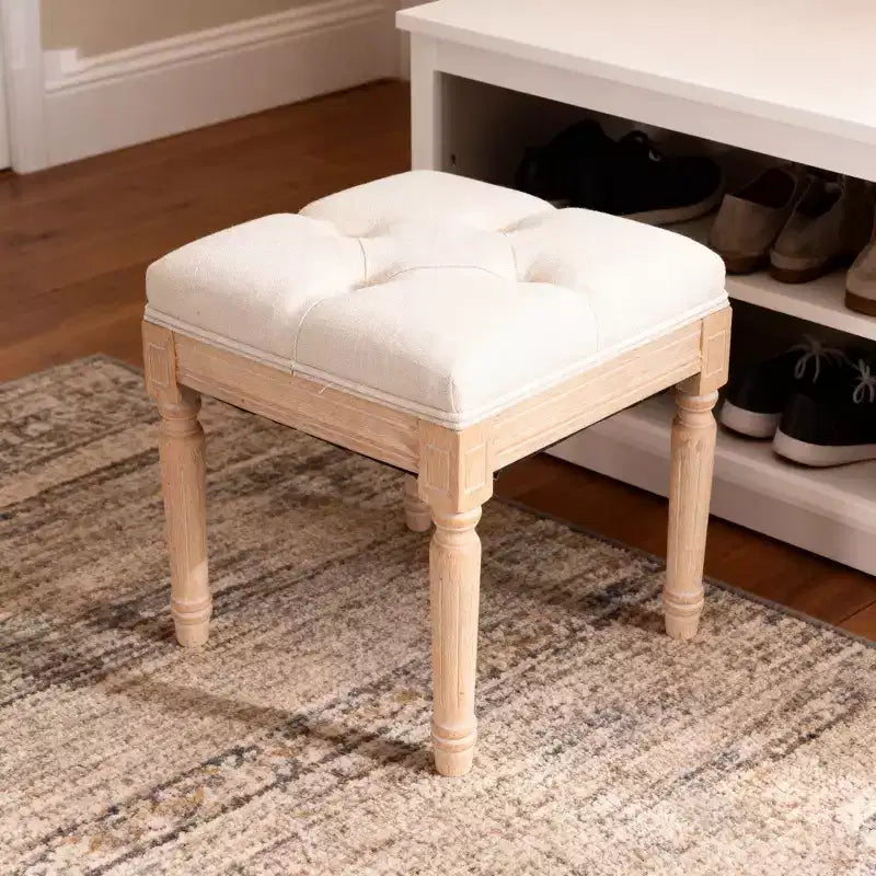 Panca piccola imbottita, Pouf rustico quadrato imbottito, Sgabello da toeletta, Cubo 40 cm, Beige