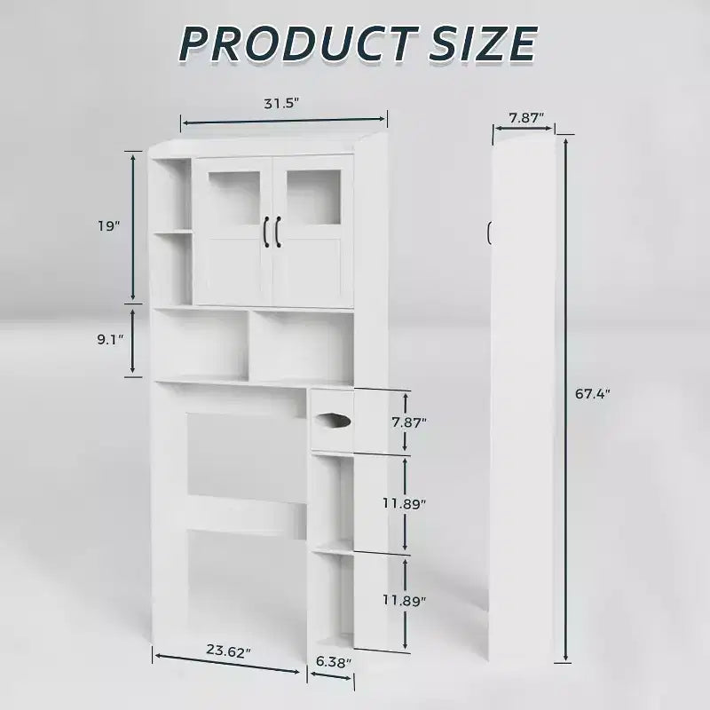 Mobiletto per bagno salvaspazio sopra il WC con ante, organizer da bagno da 171 cm con ripiani regolabili e frontale in vetro, mobiletto indipendente per WC e lavanderia