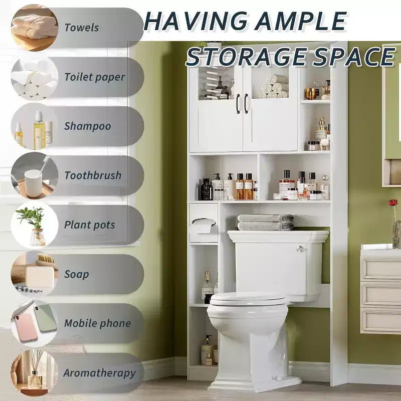 Mobiletto per bagno salvaspazio sopra il WC con ante, organizer da bagno da 171 cm con ripiani regolabili e frontale in vetro, mobiletto indipendente per WC e lavanderia