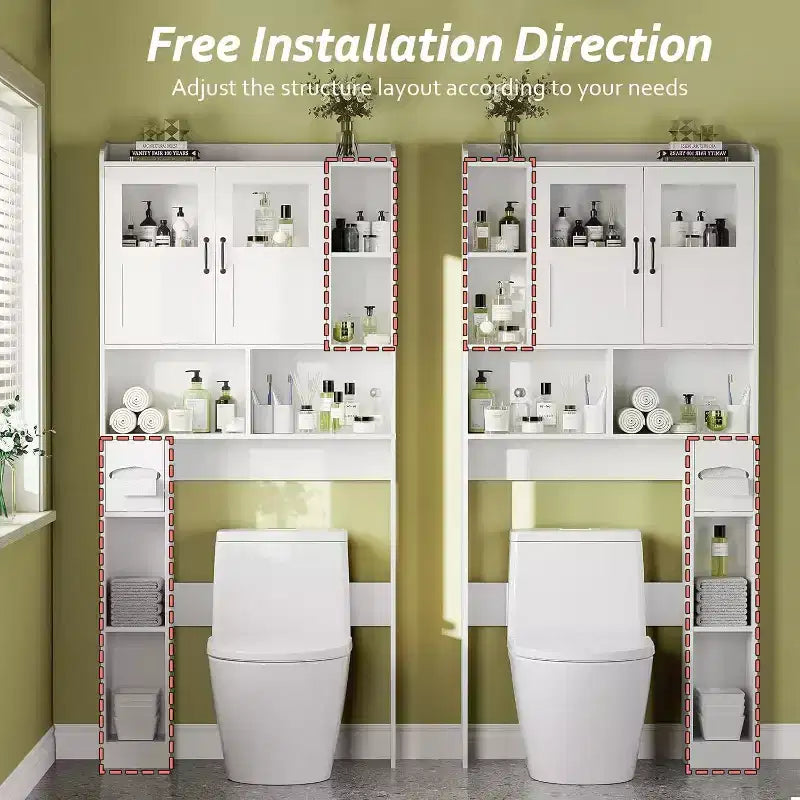 Mobiletto per bagno salvaspazio sopra il WC con ante, organizer da bagno da 171 cm con ripiani regolabili e frontale in vetro, mobiletto indipendente per WC e lavanderia