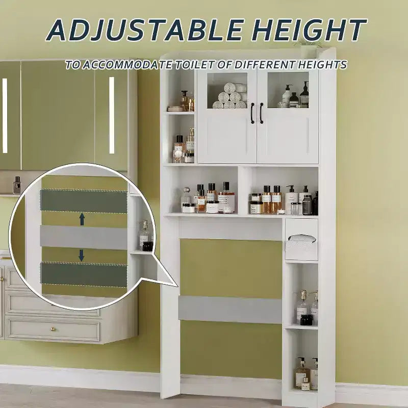 Mobiletto per bagno salvaspazio sopra il WC con ante, organizer da bagno da 171 cm con ripiani regolabili e frontale in vetro, mobiletto indipendente per WC e lavanderia