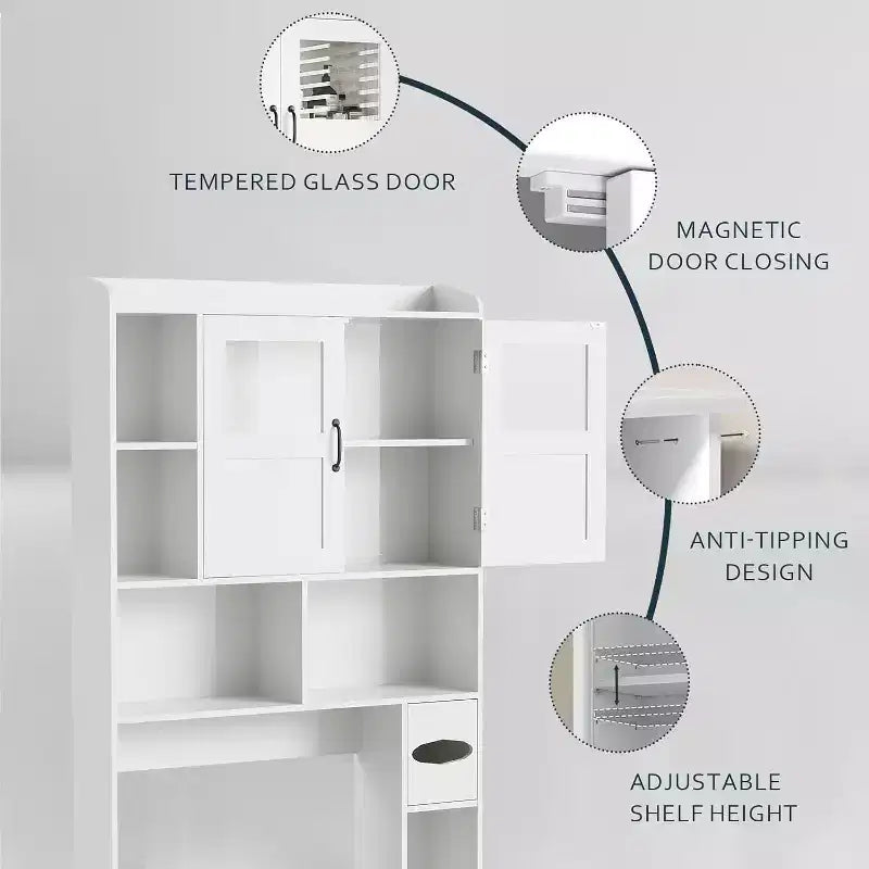 Mobiletto per bagno salvaspazio sopra il WC con ante, organizer da bagno da 171 cm con ripiani regolabili e frontale in vetro, mobiletto indipendente per WC e lavanderia