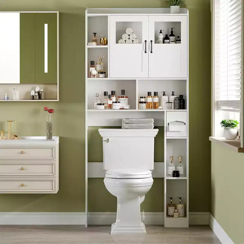 Mobiletto per bagno salvaspazio sopra il WC con ante, organizer da bagno da 171 cm con ripiani regolabili e frontale in vetro, mobiletto indipendente per WC e lavanderia