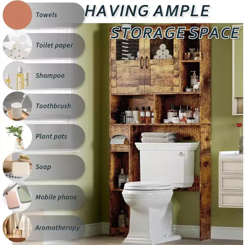 Mobiletto per bagno salvaspazio sopra il WC con ante, organizer da bagno da 171 cm con ripiani regolabili e frontale in vetro, mobiletto indipendente per WC e lavanderia