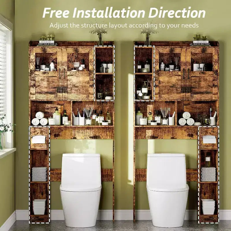 Mobiletto per bagno salvaspazio sopra il WC con ante, organizer da bagno da 171 cm con ripiani regolabili e frontale in vetro, mobiletto indipendente per WC e lavanderia