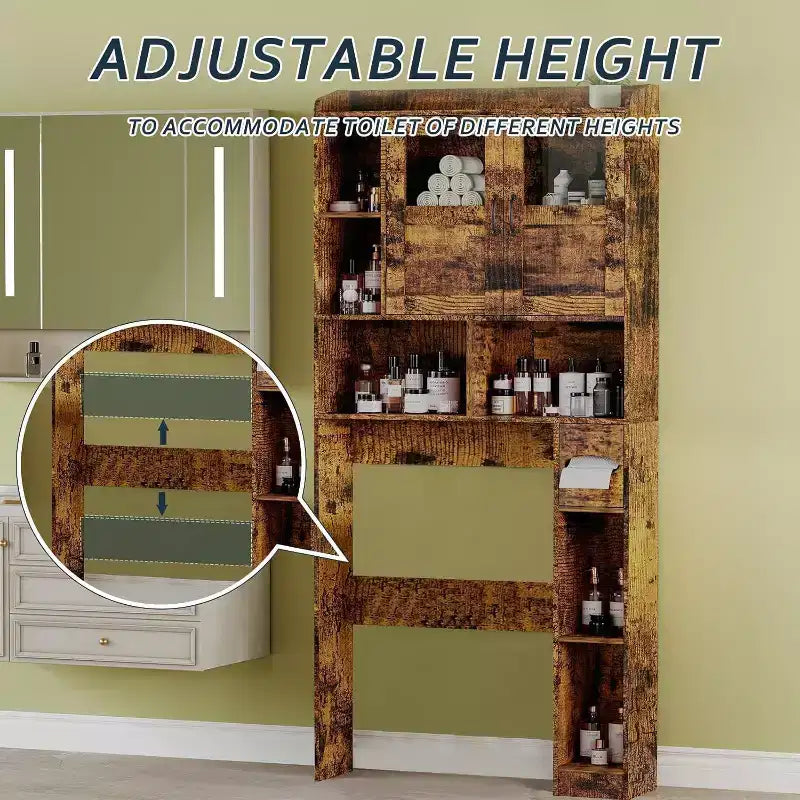 Mobiletto per bagno salvaspazio sopra il WC con ante, organizer da bagno da 171 cm con ripiani regolabili e frontale in vetro, mobiletto indipendente per WC e lavanderia