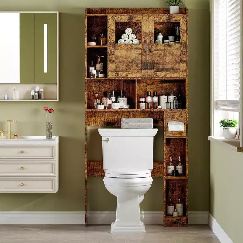 Mobiletto per bagno salvaspazio sopra il WC con ante, organizer da bagno da 171 cm con ripiani regolabili e frontale in vetro, mobiletto indipendente per WC e lavanderia