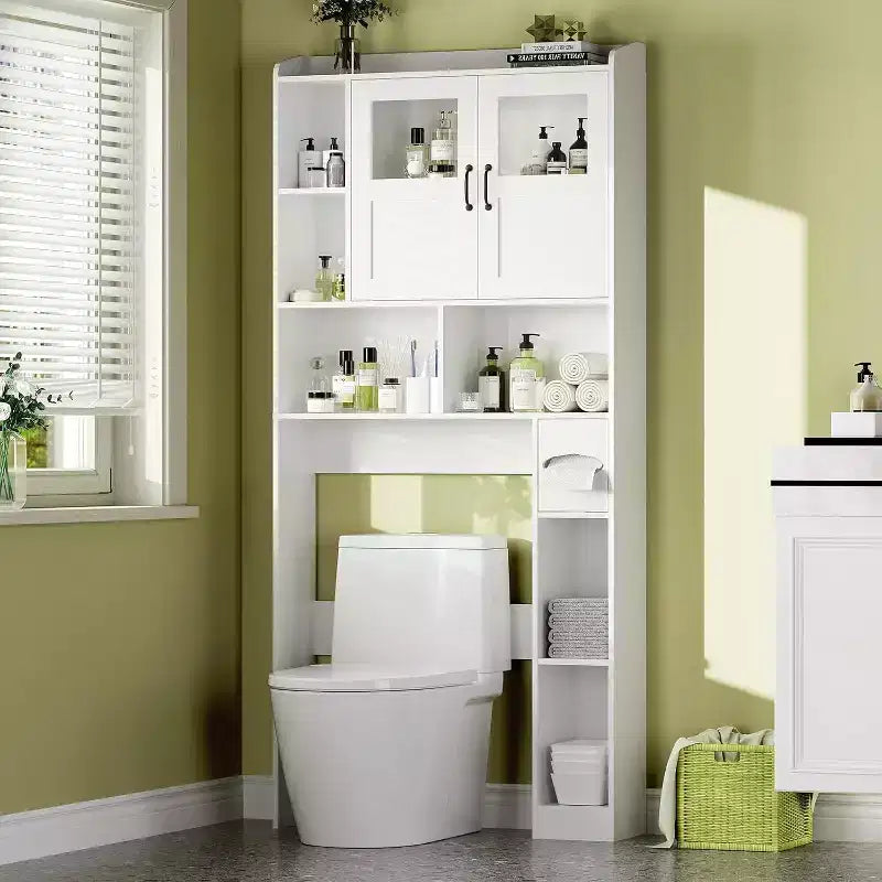 Mobiletto per bagno salvaspazio sopra il WC con ante, organizer da bagno da 171 cm con ripiani regolabili e frontale in vetro, mobiletto indipendente per WC e lavanderia