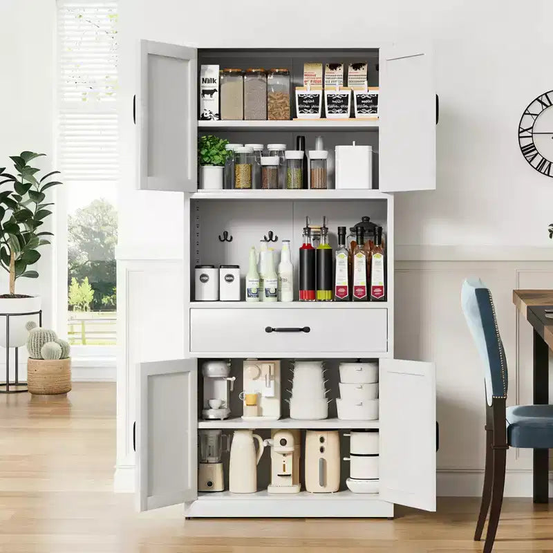 VIYET 71H Armadio Dispensa Robusto in Acciaio Bianco, Ampio Top+Ripiani Regolabili+Cassetti+Ganci, Contenitore Moderno per Cucina/Bagno/Soggiorno