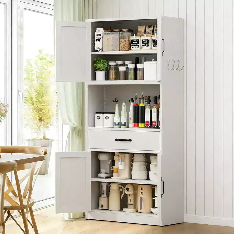 VIYET 71H Armadio Dispensa Robusto in Acciaio Bianco, Ampio Top+Ripiani Regolabili+Cassetti+Ganci, Contenitore Moderno per Cucina/Bagno/Soggiorno